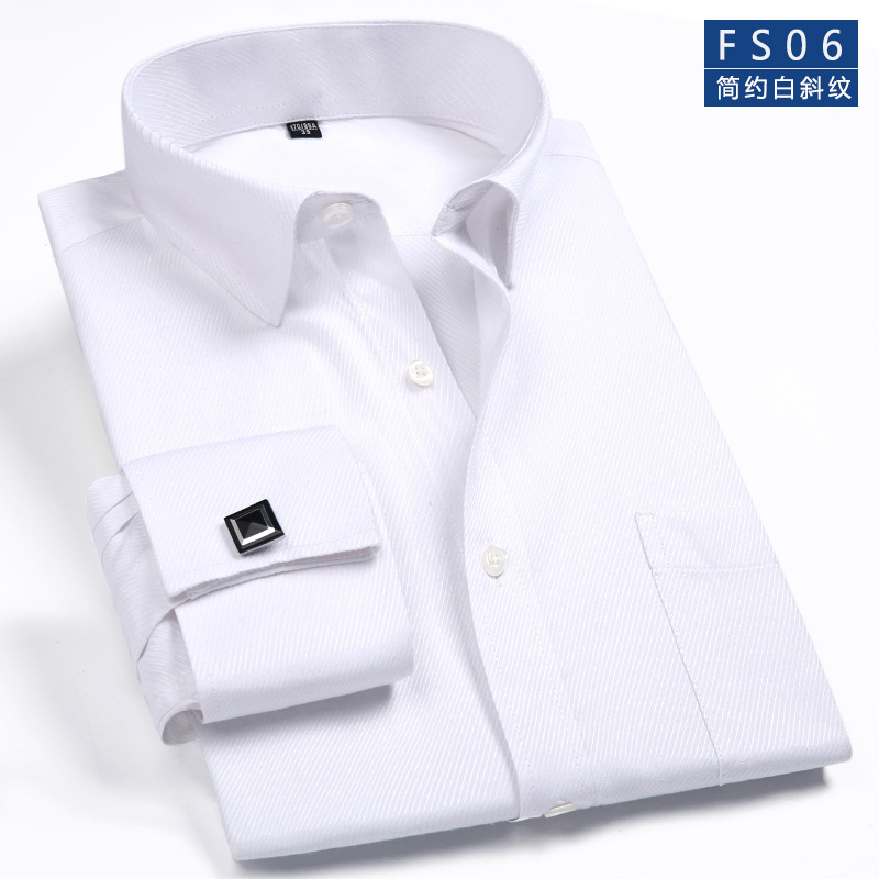 French Business Long Sleeve Shirt Men's Fashion Cufflinks White Collar Shirt Loose plus size Men's Striped French Shirt