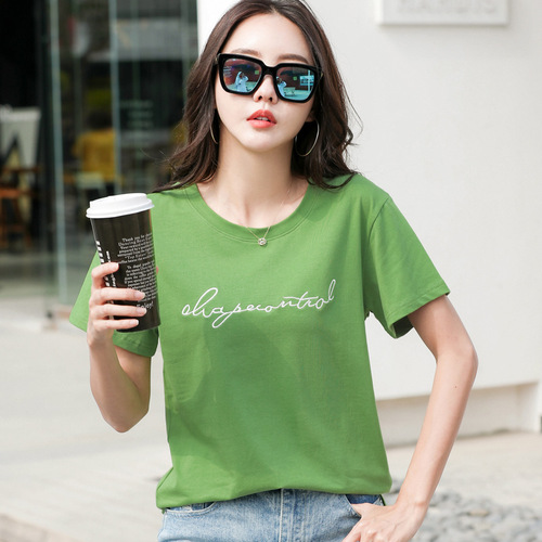 263 女装新款韩版圆领短袖T恤字母刺绣夏ins网红上衣大码宽松潮