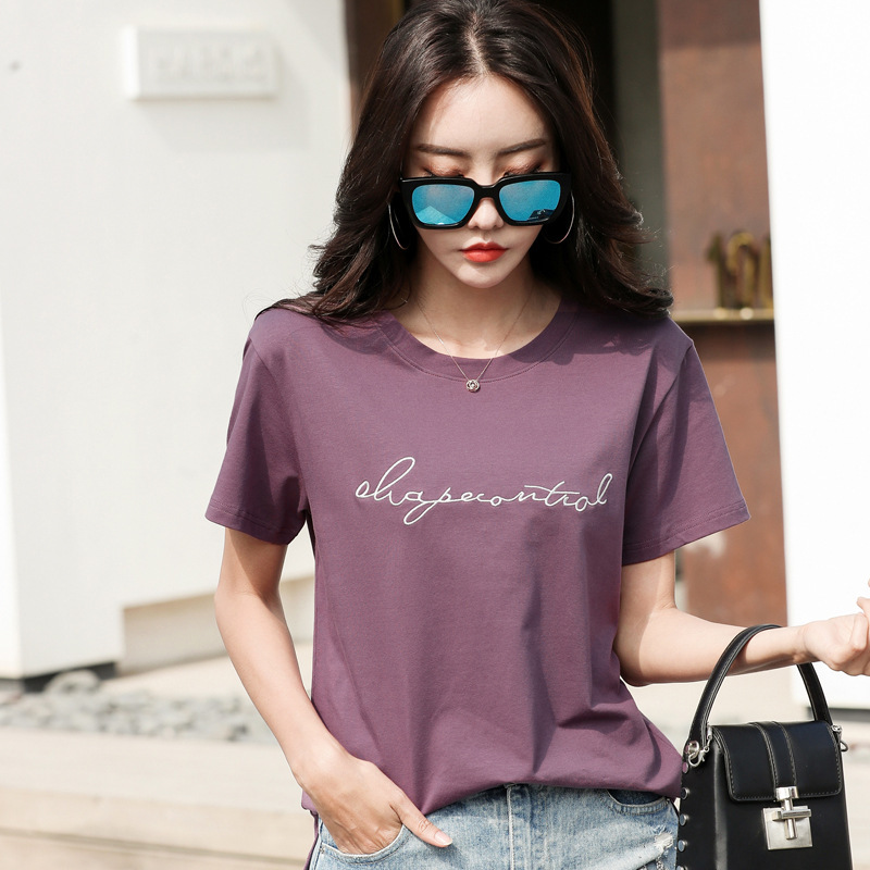 263 Women's Round Neck Short-Sleeved T-Shirt with Letter Embroider Summer Ins Popular Top Large Size Loose Trendy Summer New Style