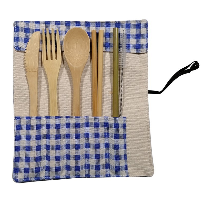 Cuchillo de bambú, tenedor y cuchara de bambú vajilla traje bolsa de paja de bambú conjunto de regalo