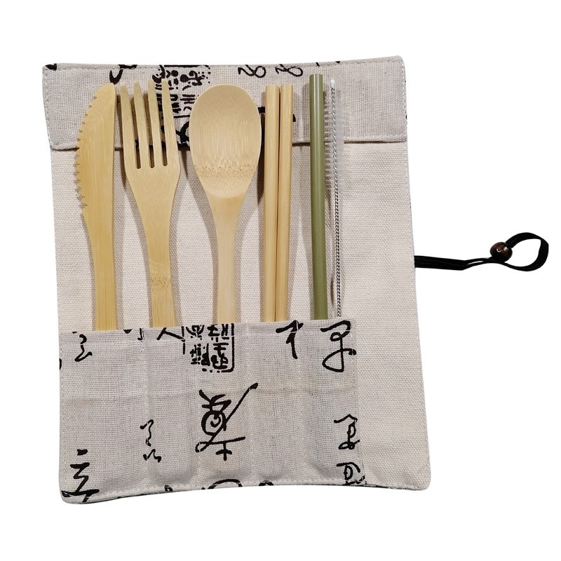 Cuchillo de bambú, tenedor y cuchara de bambú vajilla traje bolsa de paja de bambú conjunto de regalo