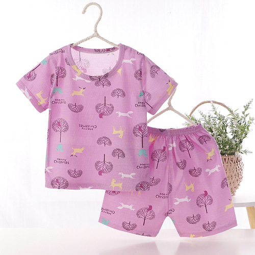 2024 New Children's Short-Sleeved Breathable Thin Breathing Cotton Suit Night Market Street Stall Summer Clothes Boys and Girls Air-conditioned Suit