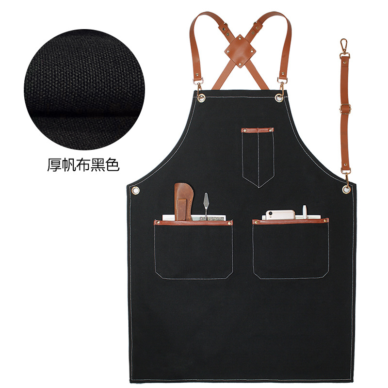 Denim delantal bolsillo tira de cuero decorativo creativo Correa overoles peluquero lona gruesa delantal por mayor