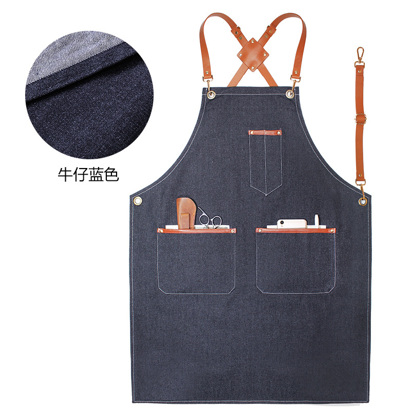 Denim delantal bolsillo tira de cuero decorativo creativo Correa overoles peluquero lona gruesa delantal por mayor