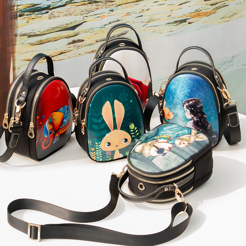 广州安芙曼包包新款手提印花韩版单肩斜挎包时尚百搭三层拉链包