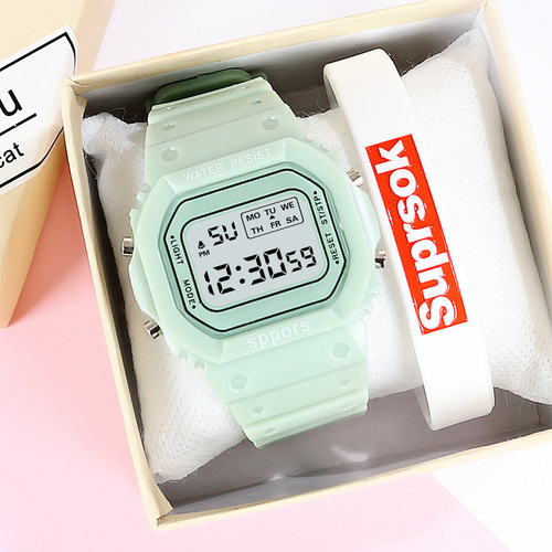 Women's Unicorn Ins Electronic Watch, Waterproof, Night Light, Korean Version, Simple Matcha Green Square Sports Watch
