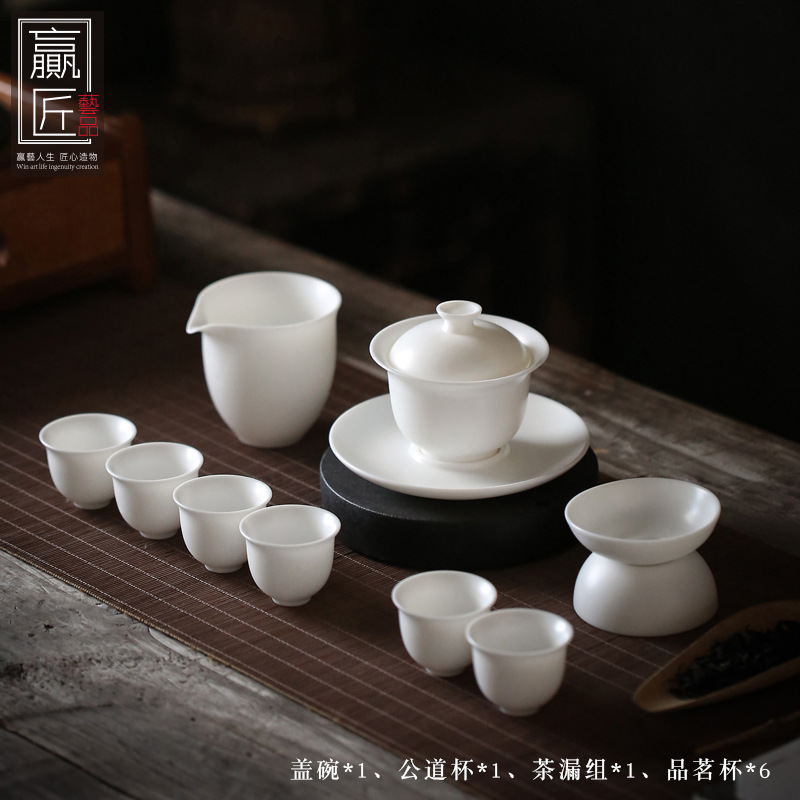 Winjiang hecho a mano Dehua ovejas grasa Jade blanco porcelana Kung Fu juego de té grande Tazón de cubierta Xishi hogar taza de té de cerámica traje de personalización