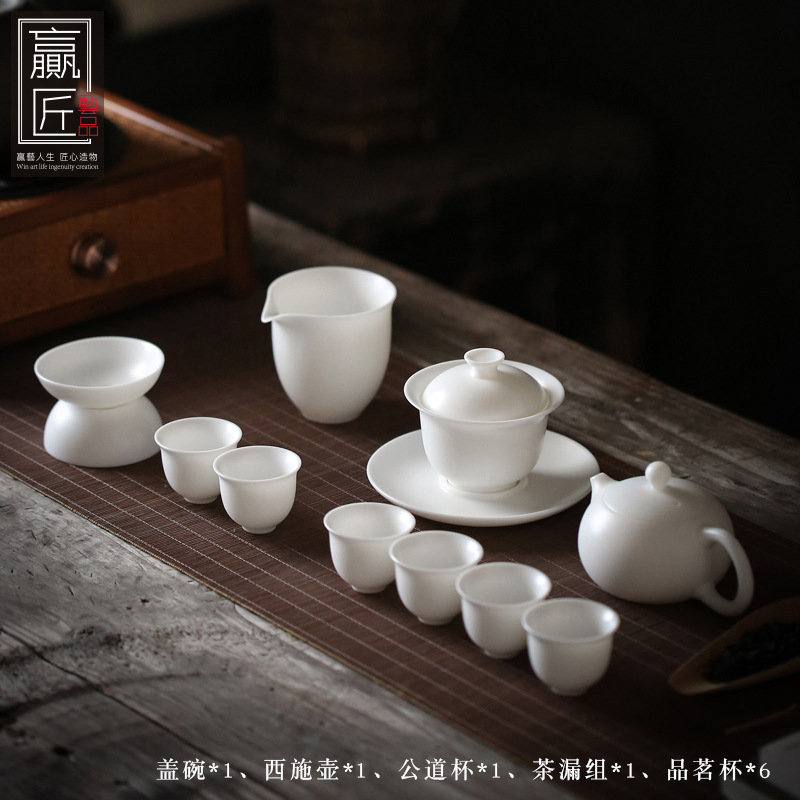 Winjiang hecho a mano Dehua ovejas grasa Jade blanco porcelana Kung Fu juego de té grande Tazón de cubierta Xishi hogar taza de té de cerámica traje de personalización
