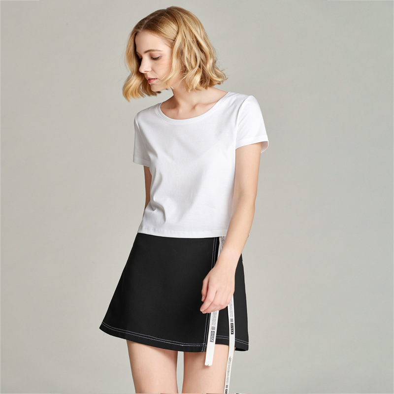 New 80-Count Mercerized Cotton T-Shirt for Women, Short Pure Cotton High-Waisted Summer Loose Simple Round Neck Korean Style Versatile Pure Color T-Shirt