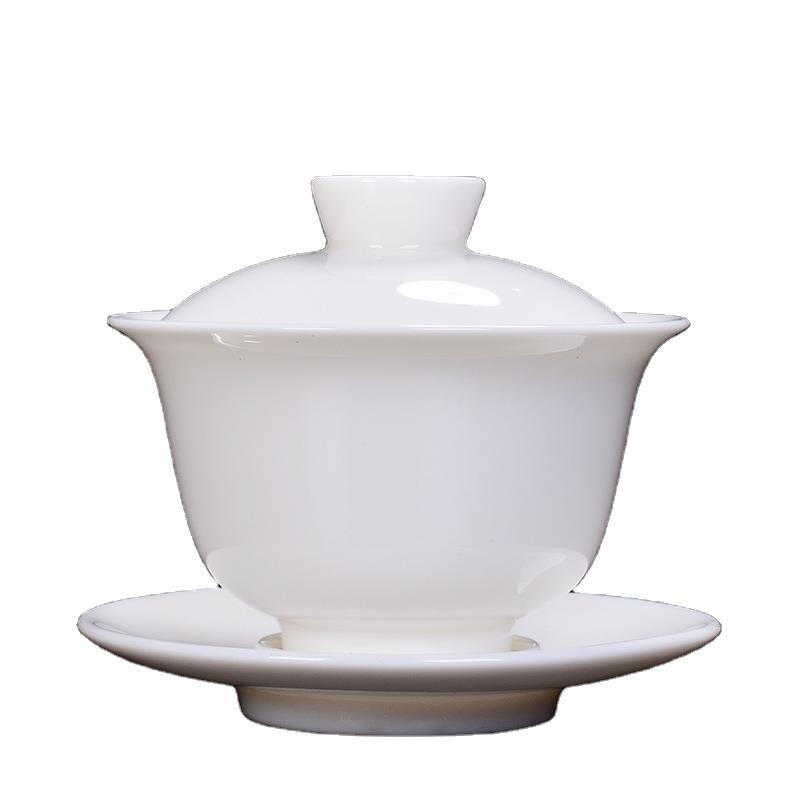 Ganar artesanía moral porcelana blanca Kung Fu juego de té Jade porcelana tres Cai cubierta tazón de té de la boda soporte letras