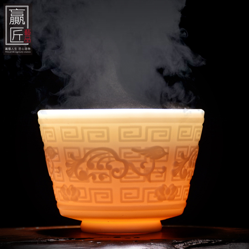 Winjiang Dehua marfil porcelana blanca oveja grasa Jade porcelana Kung Fu taza de té alivio Jade taza de té de porcelana taza maestra taza de una sola taza letras