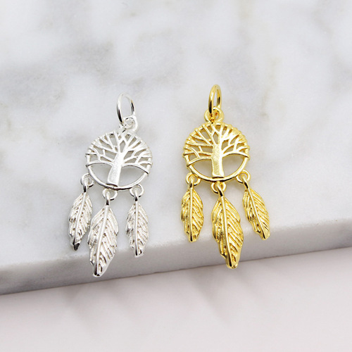 S925 sterling silver gold plated dream catcher pendant DIY handmade beaded bracelet accessories tree of life wind chime pendant