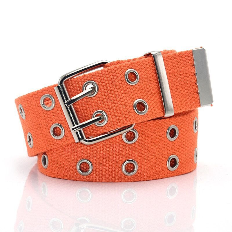 Tiro de la calle moda doble fila todo agujero cinturón lona alargado chic unisex Hollow jeans con colgante