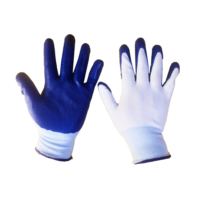 尼龙丁青劳保手套挂胶浸涂胶皮耐磨油防滑13针白纱蓝如意劳保手套