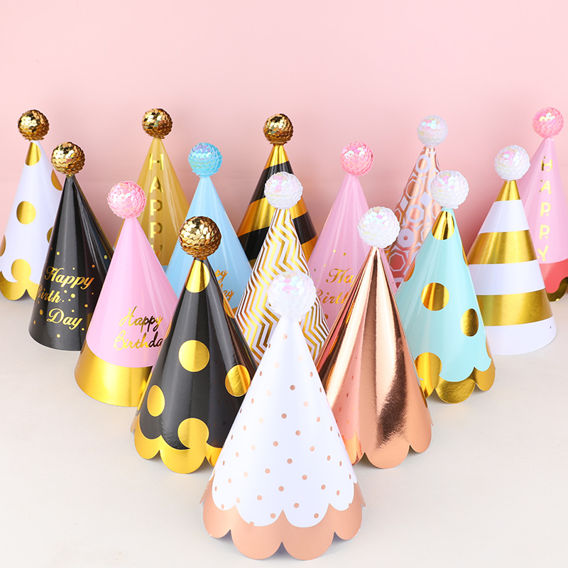 Fábrica directa decoración de la torta de alto grado negro oro rosa oro lentejuelas bola niños adultos fiesta cumpleaños sombrero