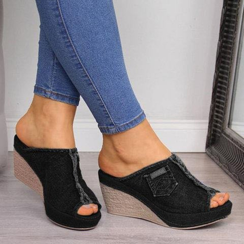 Summer women's denim fashionable mule wedge heel platform