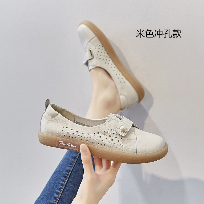 [Factory] White Shoes Women's New All-match Soft-soled Shoes Leather Hole-hole Hollow Breathable Velcro Pregnant Women's Shoes
