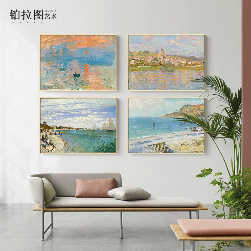 Monet Famous Painting Living Room Decorative Painting American Style Oil Painting Behind Sofa Modern Bedroom Dining Room Wall Painting Sunrise Impression