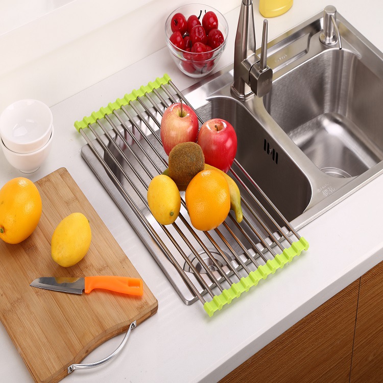 Directo de fábrica de acero inoxidable 304 de drenaje persiana de rodillos de cocina estante de almacenamiento de frutas y verduras plato estante de control de agua plegable