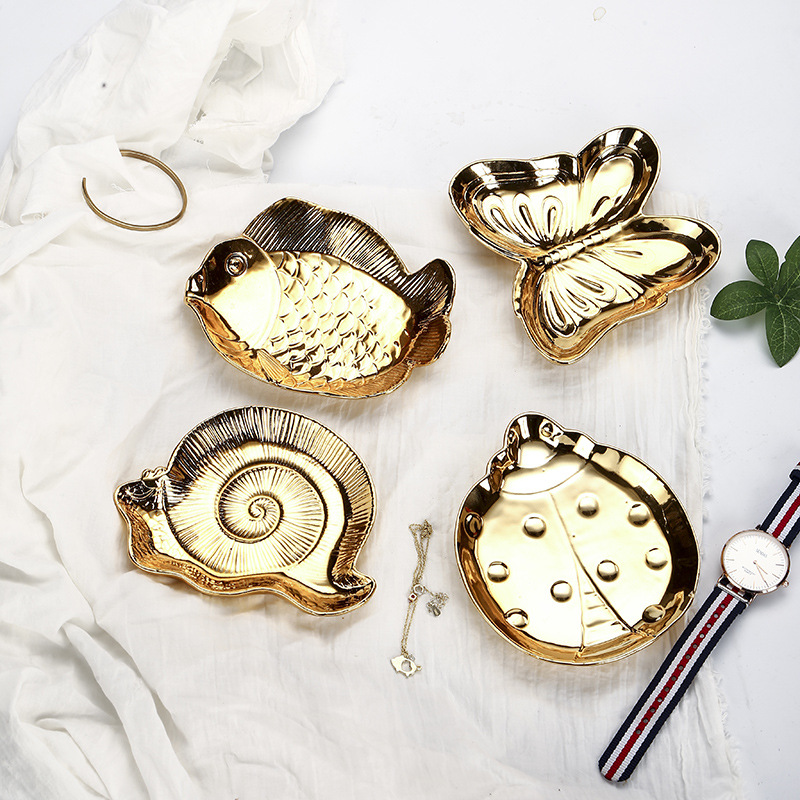 北欧电镀金陶瓷工艺品礼品首饰盘戒指手表家居收纳盘收纳套装托盘