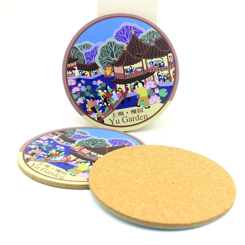 Цветная печать в китайском стиле Деревянные подставки Круглые пробковые подставки Водонепроницаемые высокотемпературные наклейки Печать МДФ Coaster
