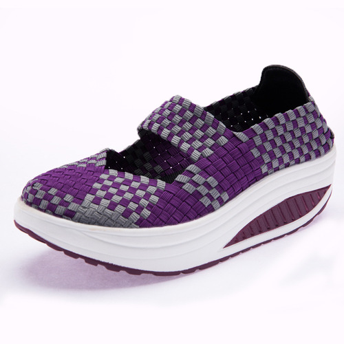 Four Seasons Women's Shoes for Middle-aged and Elderly Mothers Soft Sole Mid-Heel Elastic Woven Rocking Shoes Women's Shoes Heightening Travel Shoes