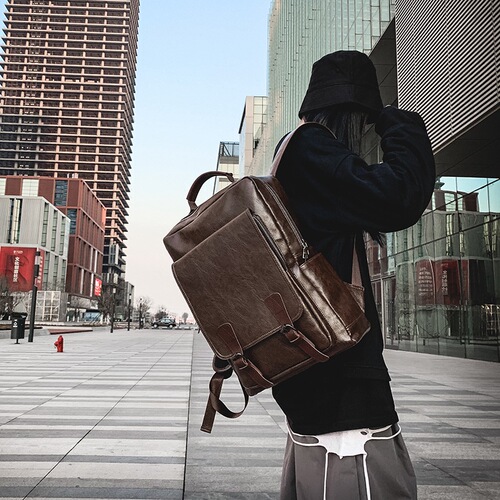 2024 New Waterproof Dual-Shoulder Bag for Men, PU Fashion Trend Retro School Bag, Simple and Versatile Business Backpack