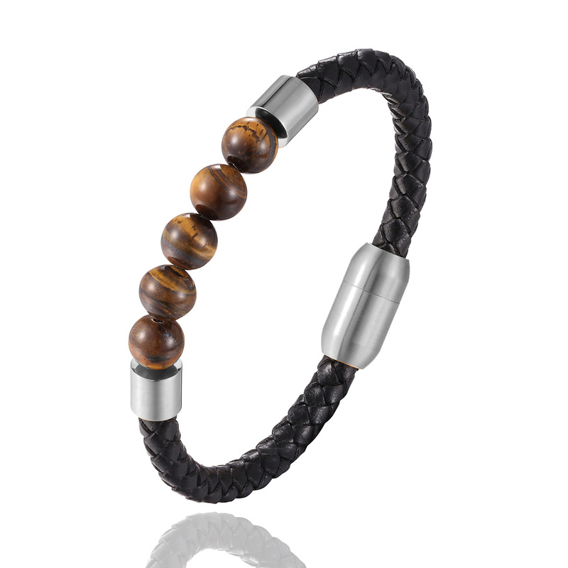 Stainless Steel Magnetic Buckle Real Leather Bracelet Factory Direct Natural Stone Bracelet Tiger Eye Volcanic Stone
