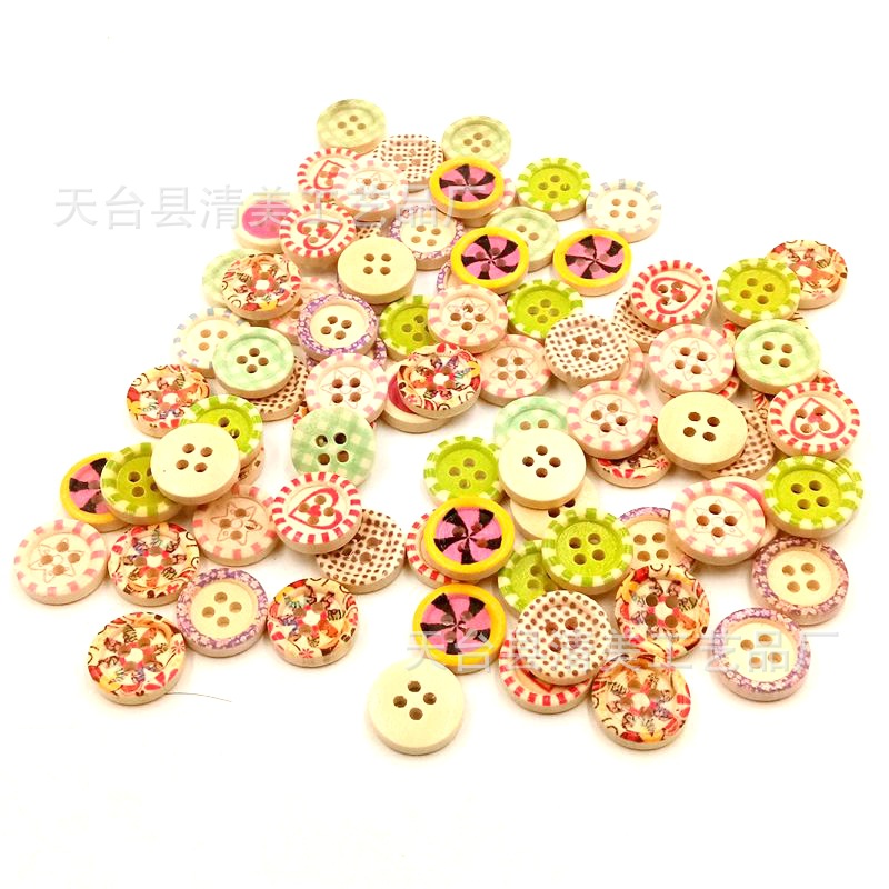 Nuevo botón de madera de 4 agujeros Plaid lunares flores y plantas mezcladas 15mm 100/bolsa
