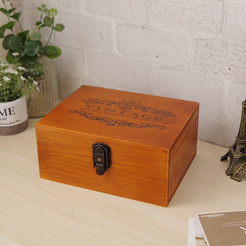 Vintage Solid Wood Document Organizer Box With Lock For Storage_voghion.com
