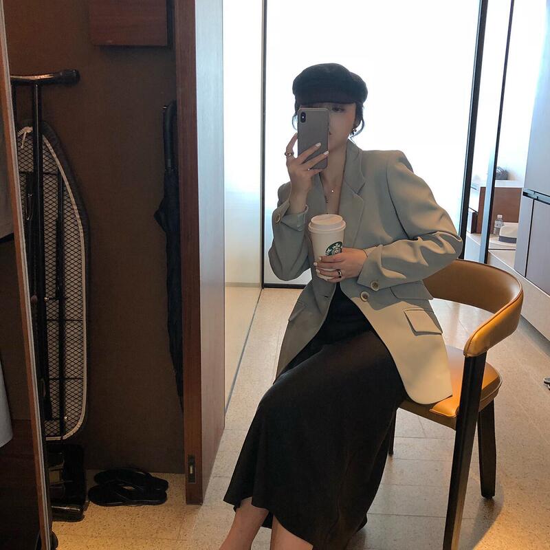 Blogger retained details full of Seiko tailoring waist slimming cream green suit jacket women