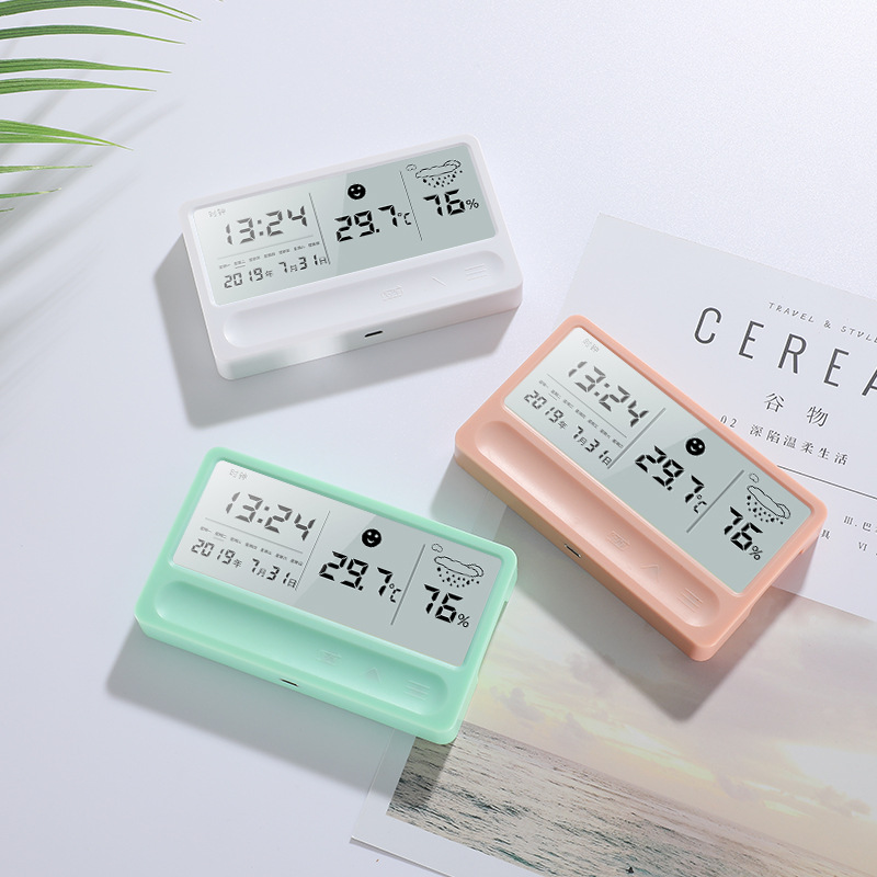 桌面家用室内电子温湿度计闹钟 LCD大屏触摸气象钟温湿度监测仪