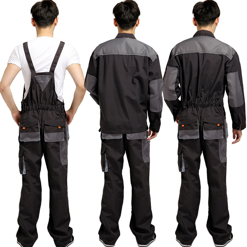 Mono de trabajo con tirantes grises, conjunto de pantalones de trabajo con múltiples bolsillos, uniforme de soldadura