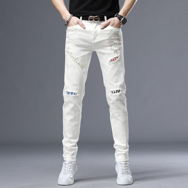 Manufacturers Men's Denim Pants Slim-fit Small Foot Trendy Brand Hot Drilling Korean Ripped Elastic White Jeans Men's Wear