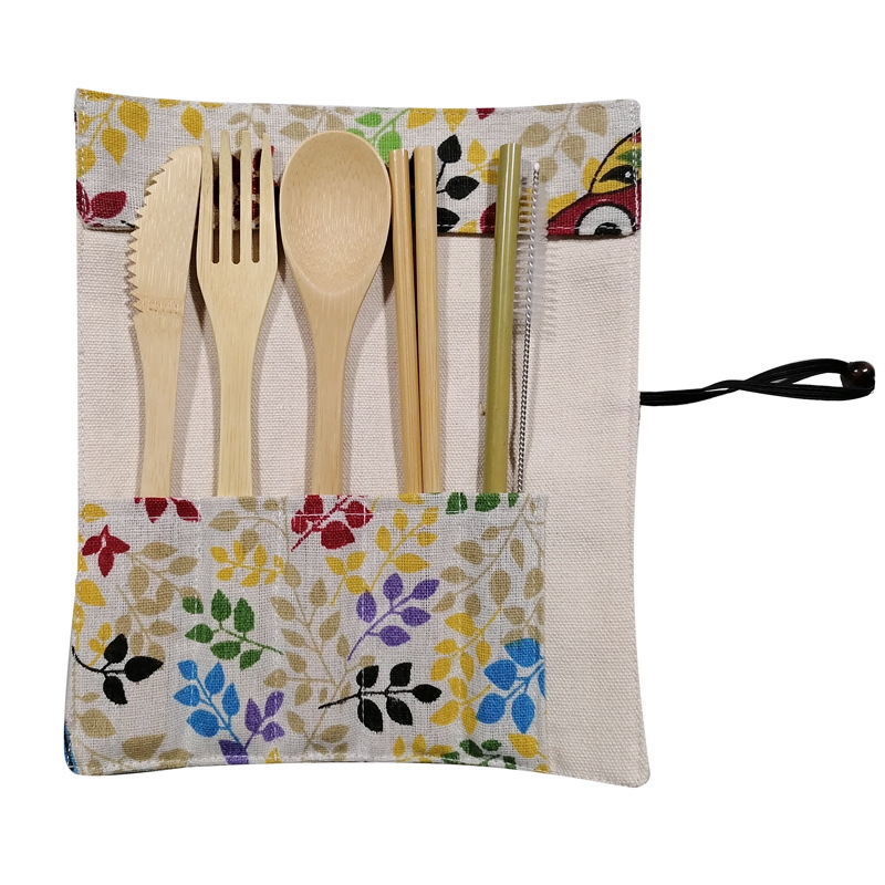 Cuchillo de bambú, tenedor y cuchara de bambú vajilla traje bolsa de paja de bambú conjunto de regalo
