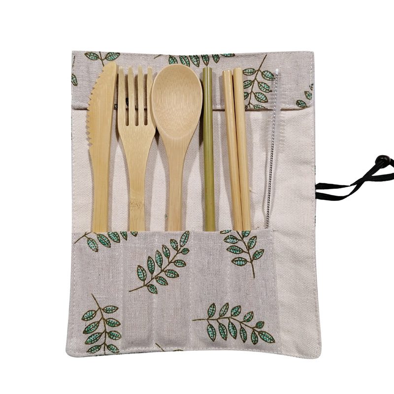 Cuchillo de bambú, tenedor y cuchara de bambú vajilla traje bolsa de paja de bambú conjunto de regalo