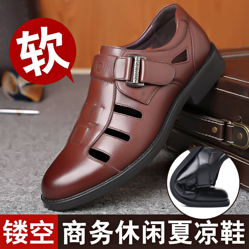 2023 новые летние мужские сандалии из воловьей кожи, мужская повседневная обувь из полой кожи, мужские сандалии из дышащей кожи для пожилых людей