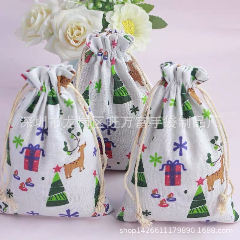10*14圣诞礼品袋/亚麻束口袋印花棉布袋圣诞树元素束口抽绳袋批发