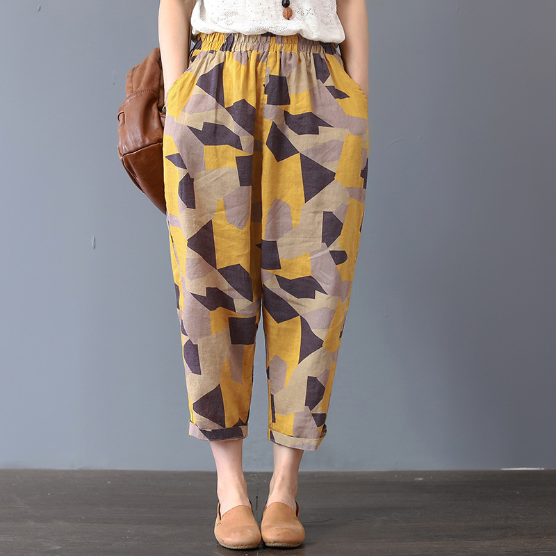 New harem pants thin breathable artistic retro fashion cropped pants summer loose cotton printed summer women's pants plus size