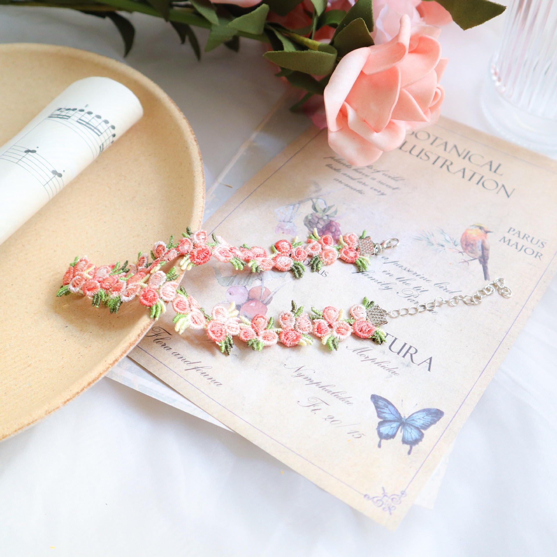 Mori chica joyería melocotón Rosa encaje bordado flor cuello Correa collar gargantilla collar clavícula cadena Collar para mujeres