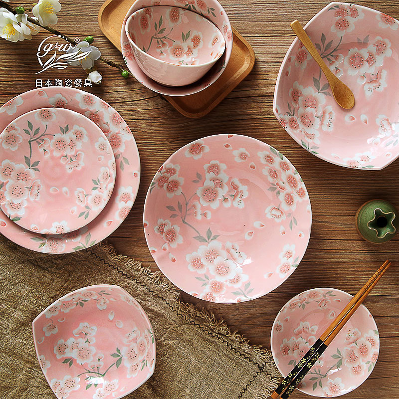 Japanese Ceramic Full Bloom Cherry Blossom Tableware Mino Ware Japanese Style Cherry Blossom Rice Bowl Plate Underglaze Craft