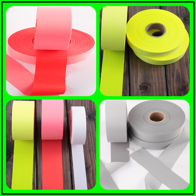 服装辅料用荧光红TC反光布反光条黄色化纤反光带彩色反光面料厂家