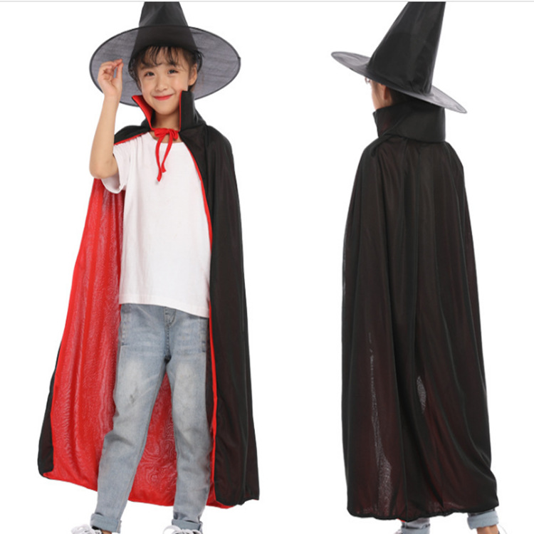Comercio electrónico transfronterizo de Halloween bata de doble capa con sombrero de bruja rojo negro doble cara capa de cuello vertical
