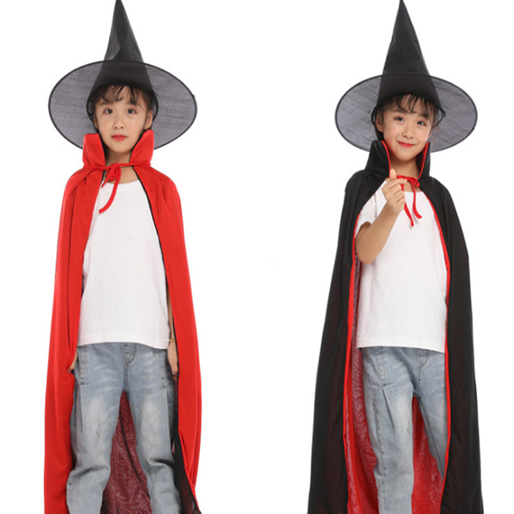 Comercio electrónico transfronterizo de Halloween bata de doble capa con sombrero de bruja rojo negro doble cara capa de cuello vertical