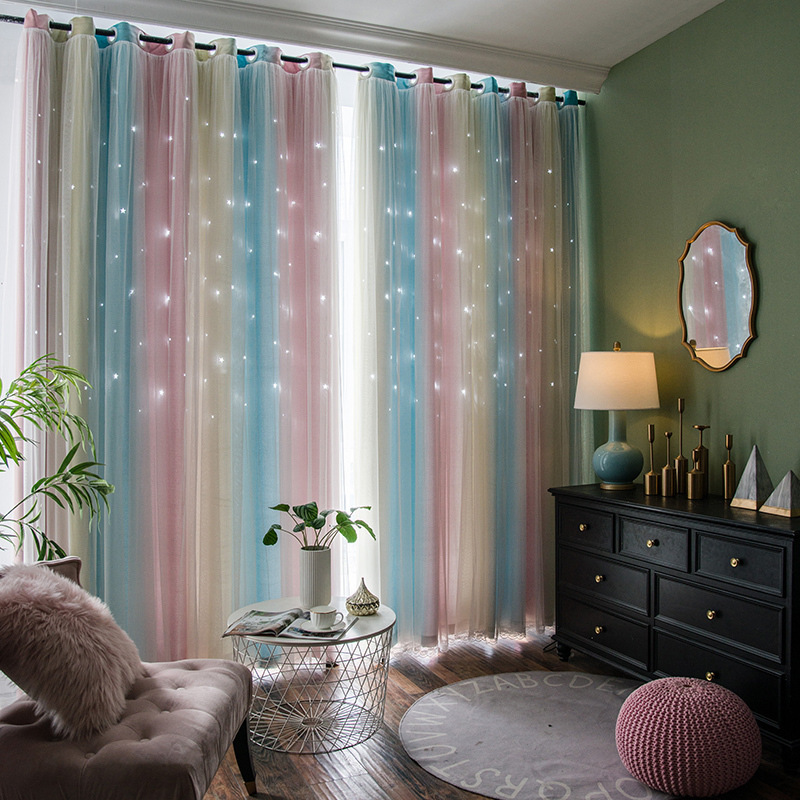 Morandi Gradient Hollow Star Curtain Chattering Internet Celebrity Princess Wind Blackout Double curtains for Bedroom