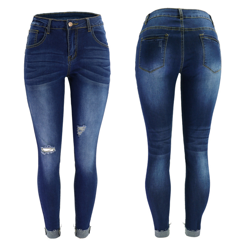 2022 transfronterizo europeo y americano alto elástico de cintura baja apretado sexy rasgado borla flip-leg azul pantalones de mezclilla de las mujeres