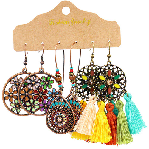 Bohemian style tassel earrings 3 set combination cross-border European and American fashion retro ethnic style earrings