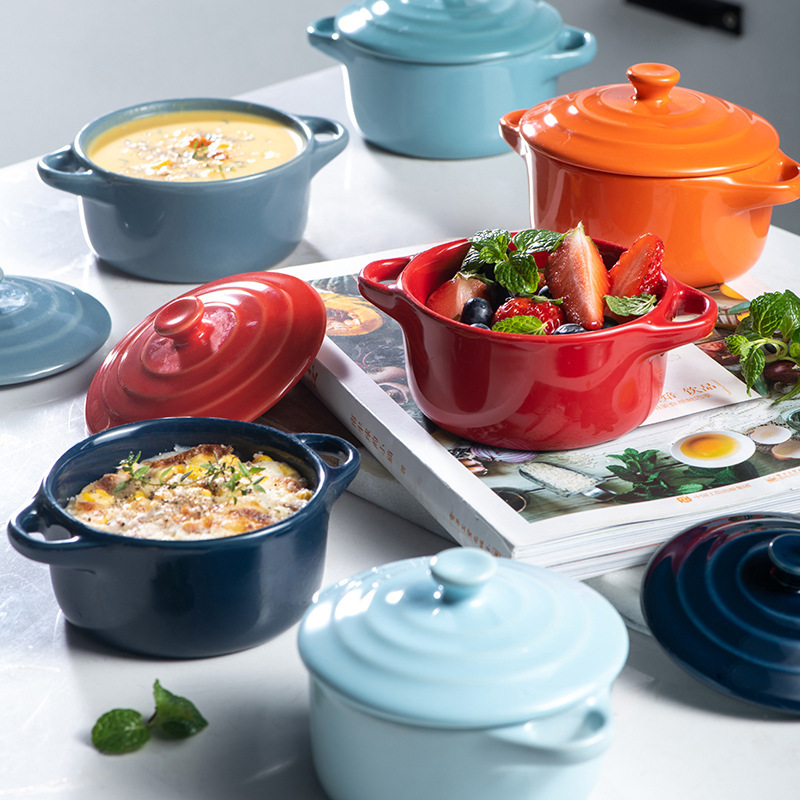 Double-Eared Ceramic Soup Pot with Lid, Small Soup Cup, Stew Pot, Steaming Rice, Steaming Eggs, Stew Bowl, Water-Sealed Stewing Bowl, Oven and Microwave-Safe Baking Bowl