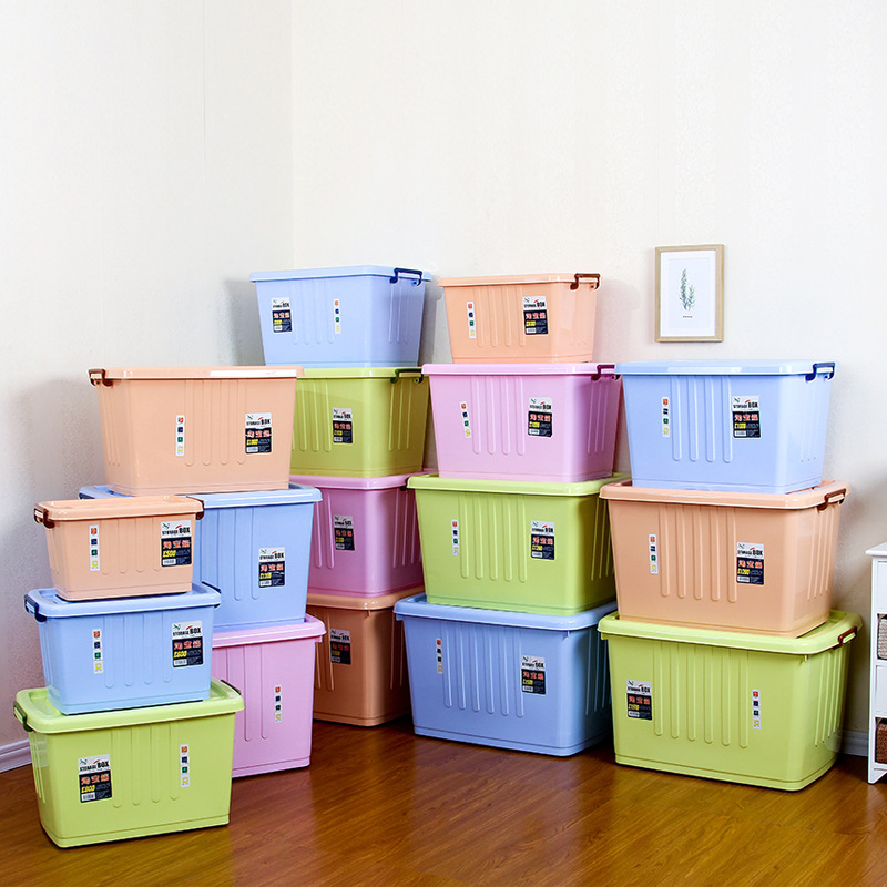 厂家塑料纯色多功能衣服整理箱家用防尘手提盖大号加厚滑轮收纳箱