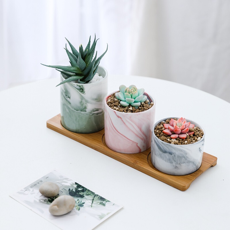 Nordic Creative Gardening Cylindrical Vase Fleshy Flower Pot Ceramic zakka Marble Flower Pot Set Wholesale